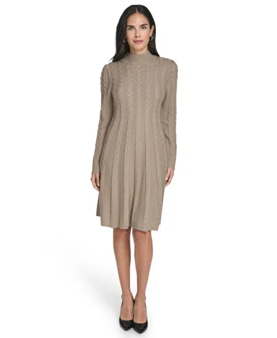 Jessica Howard Women's Long-sleeve Cable Fit & Flare Mock Neck Knee Length Dress In Brown