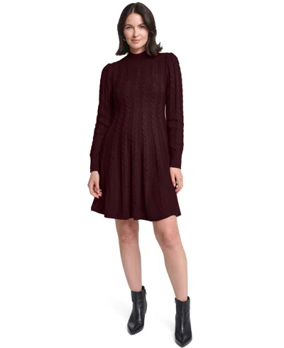Jessica Howard Women's Long-sleeve Cable Fit & Flare Mock Neck Knee Length Dress In Burgundy