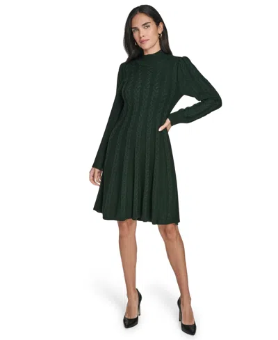 Jessica Howard Women's Long-sleeve Cable Fit & Flare Mock Neck Knee Length Dress In Green