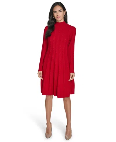 Jessica Howard Women's Long-sleeve Cable Fit & Flare Mock Neck Knee Length Dress In Red
