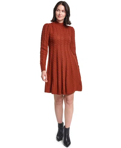 Jessica Howard Women's Long-sleeve Cable Fit & Flare Mock Neck Knee Length Dress In Red