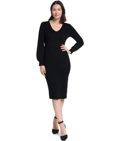 Jessica Howard Women's Long-sleeve Cocktail Rayon-blend Sweater Dress With Matching Scarf In Black