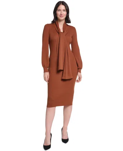Jessica Howard Women's Long-sleeve Midi Attached Scarf Sweater Dress In Brown