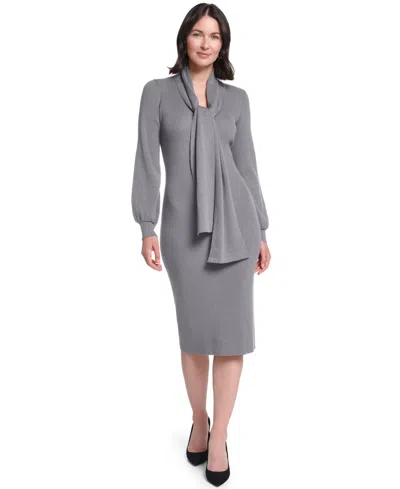 Jessica Howard Women's Long-sleeve Midi Attached Scarf Sweater Dress In Gray