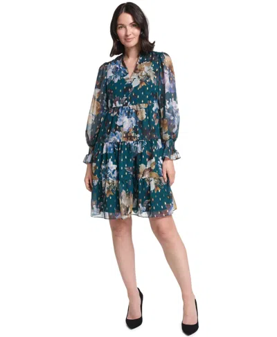 Jessica Howard Women's Long-sleeve Puff-sleeve Tiered Baby Doll Dress In Teal
