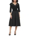 Jessica Howard Petite 3/4-sleeve Portrait-collar Fit & Flare Dress In Black