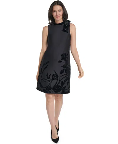 Jessica Howard Women's Petite Mock Neck Flocked Trapeze Dress In Black