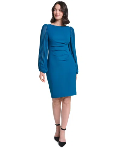 Jessica Howard Women's Pleated Sleeve Sheath Boat Neck Dress In Teal