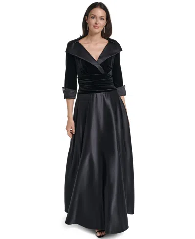 Jessica Howard Women's Portrait Collar 3/4-sleeve Ruched Waist Gown In Black