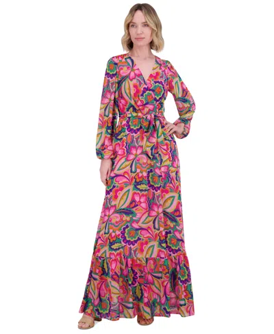 Jessica Howard Women's Printed Tie-waist Blouson-sleeve Maxi Dress In Magenta Multi