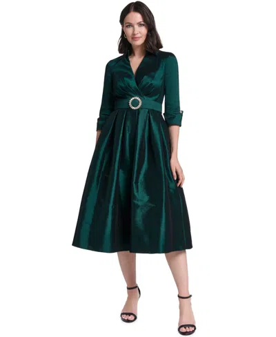 Jessica Howard Women's Satin V-neck 3/4 Sleeve Dress In Green