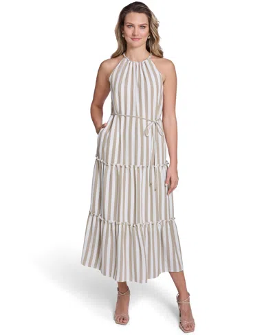 Jessica Howard Women's Sleeveless Braided Halter Neck Tiered Midi Dress In Gray