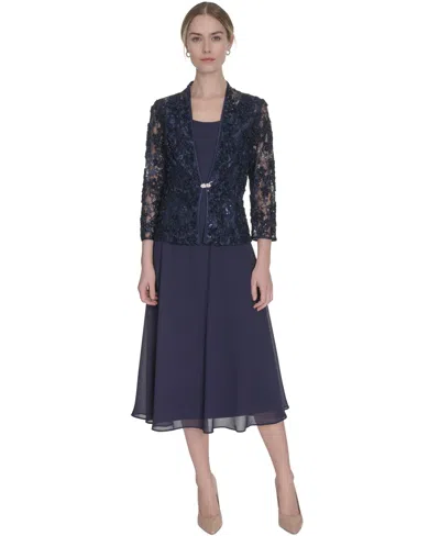 Jessica Howard Women's Soutache Jacket & Jewel-neck Midi Dress In Navy