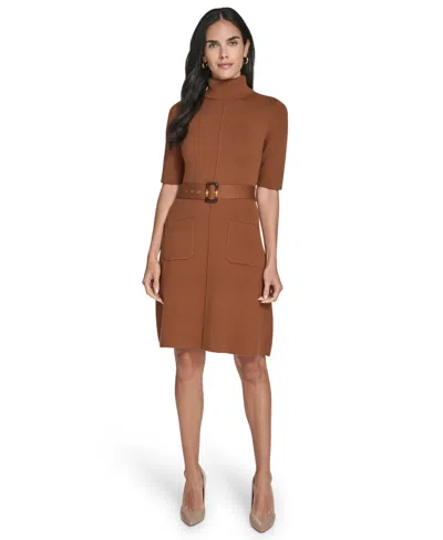 Jessica Howard Women's Turtle Neck Elbow Sleeve Belted Dress In Brown