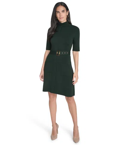 Jessica Howard Women's Turtle Neck Elbow Sleeve Belted Dress In Green