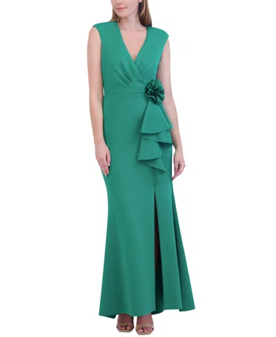Jessica Howard Women's V-neck Cascade Ruffle Gown In Green