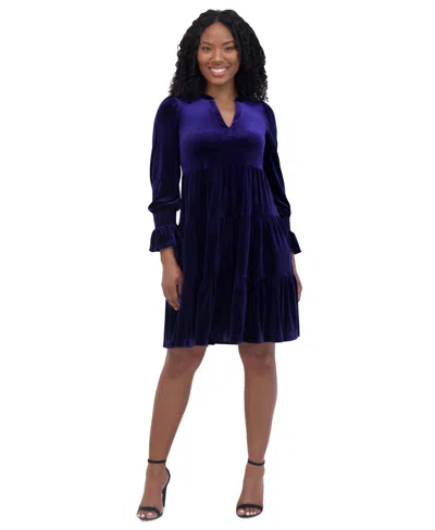 Jessica Howard Women's Velvet Smocked-sleeve Flounce-hem Dress In Ind