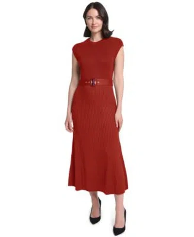 Jessica Howard Womens Belted Midi Ribbed Dress In Red
