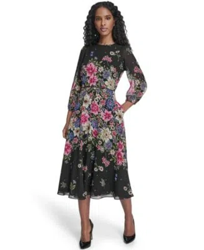 Jessica Howard Womens Crewneck Balloon Sleeve Midi Dress In Multi