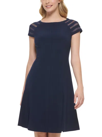 Jessica Howard Womens Illusion Shoulder Wide Neck Fit & Flare Dress In Blue