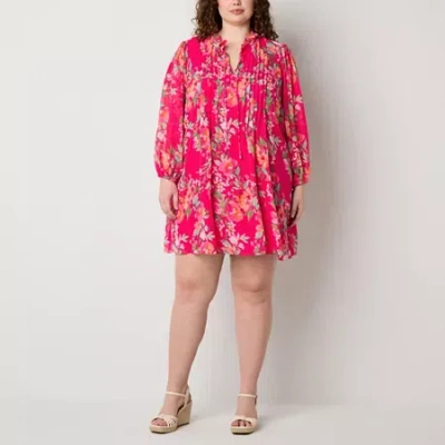 Jessica Howard Womens Plus Long Sleeve Floral Shift Dress In Pink