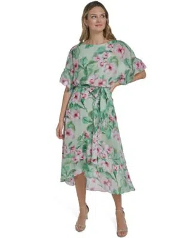 Jessica Howard Plus Size Boat Neck Ruffle-sleeve Dress In Green