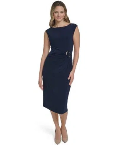 Jessica Howard Womens Side Ruche Buckle Boat Neck Dress In Blue