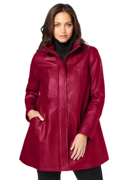 Jessica London A-line Zip Front Leather Jacket In Burgundy