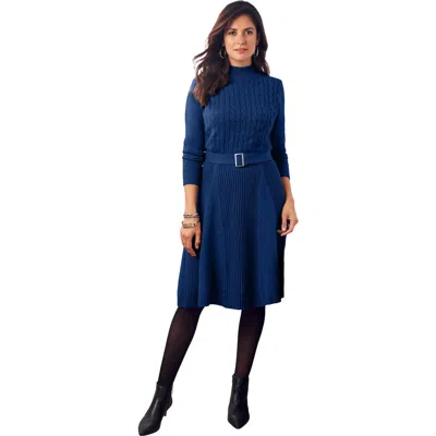 Jessica London Belted Cable Sweater Dress In Blue