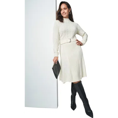 Jessica London Belted Cable Sweater Dress In White