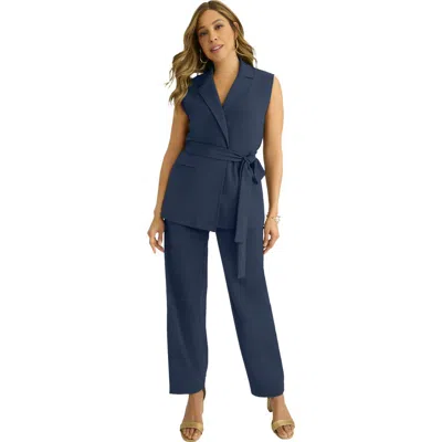 Jessica London Belted Crepe Vest Set In Blue