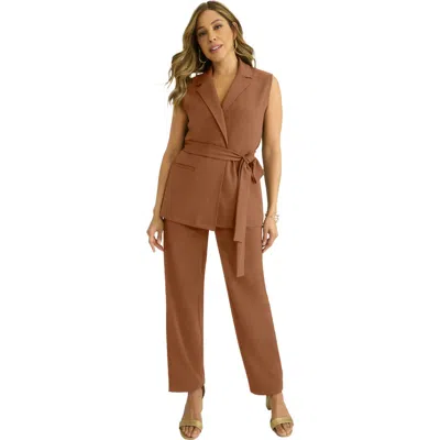 Jessica London Belted Crepe Vest Set In Brown