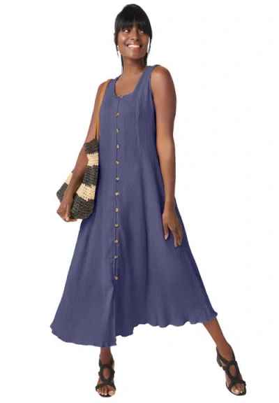 Jessica London Button Down Gauze Dress In Blue