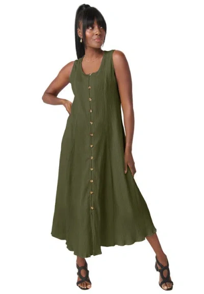 Jessica London Button Down Gauze Dress In Green