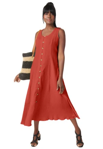 Jessica London Button Down Gauze Dress In Red