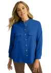 Jessica London Button-front Chest Pocket Blouse In Blue