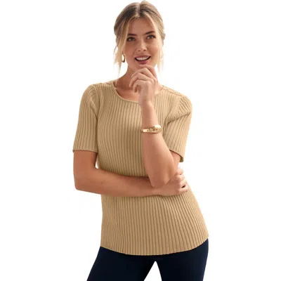 Jessica London Button Ribbed Knit Pullover Sweater In Brown