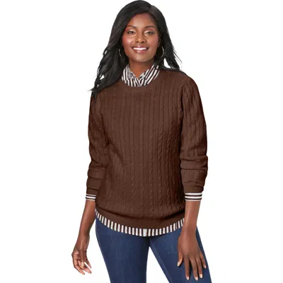 Jessica London Cable Crewneck Sweater In Brown