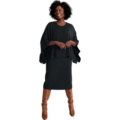 Jessica London Cable Knit Cape Sweater Dress In Black
