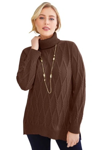 Jessica London Cable Turtleneck Sweater In Brown