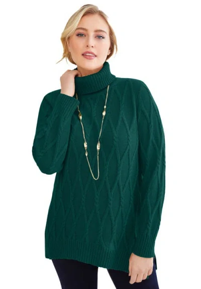 Jessica London Cable Turtleneck Sweater In Green