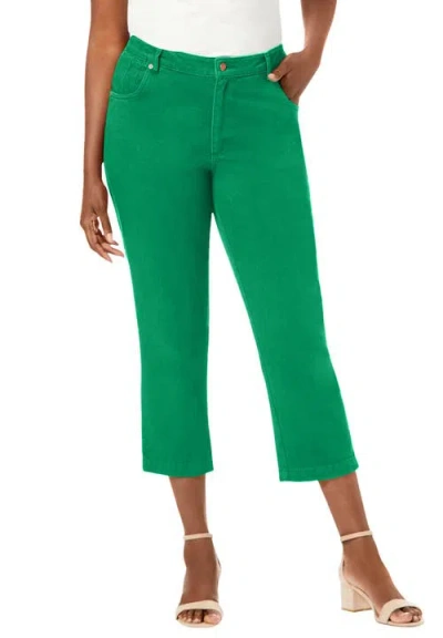 Jessica London Classic Cotton Denim Capri In Green