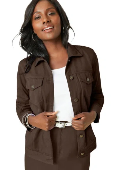 Jessica London Classic Cotton Denim Jacket In Brown