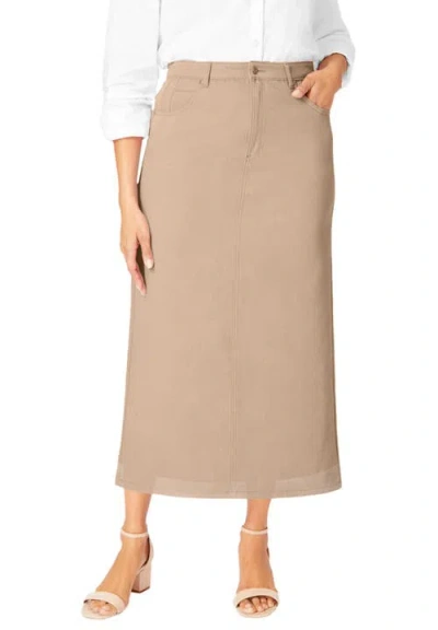 Jessica London Classic Cotton Denim Midi Skirt In Brown