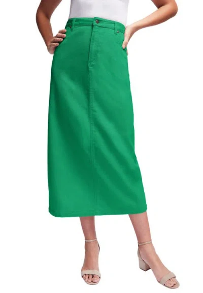 Jessica London Classic Cotton Denim Midi Skirt In Green