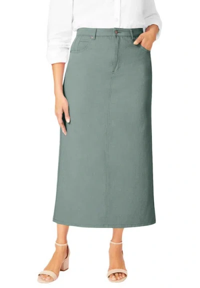 Jessica London Classic Cotton Denim Midi Skirt In Green