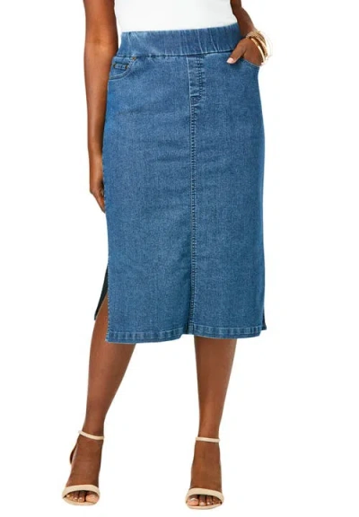 Jessica London Comfort Waist Stretch Denim Midi Skirt In Blue