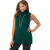 Jessica London Cotton Cashmere Sleeveless Turtleneck Shell In Green