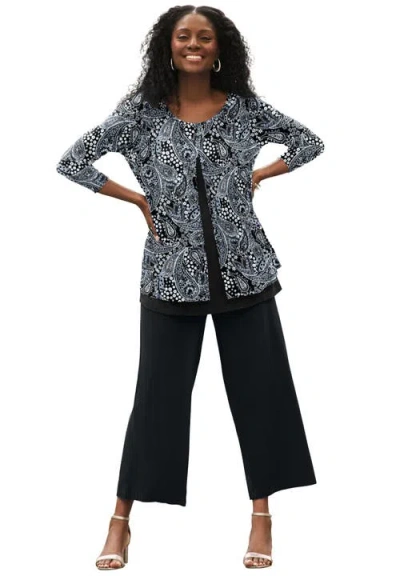 Jessica London Crew Neck Double Layered Tunic In Black