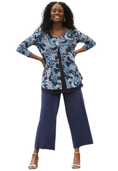 Jessica London Crew Neck Double Layered Tunic In Blue